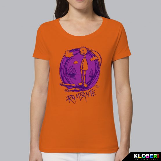 T-shirt da donna indossata | Rampante Viola Arancio | AryArt