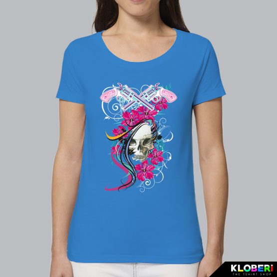 T-shirt da donna indossata | Teschio Color Azzurro | AryArt