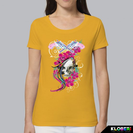 T-shirt da donna indossata | Teschio Color Giallo | AryArt