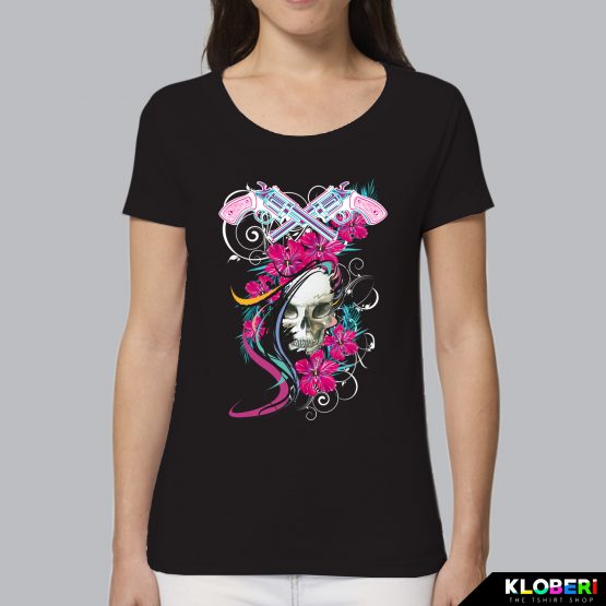 T-shirt da donna indossata | Teschio Color Nero | AryArt