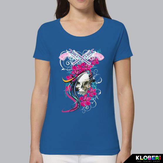 T-shirt da donna indossata | Teschio Color Royal | AryArt