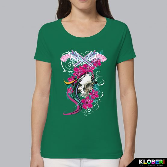 T-shirt da donna indossata | Teschio Color Verde | AryArt