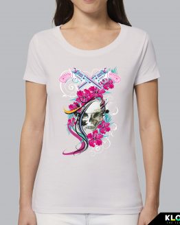 T-shirt da donna indossata | Teschio Color Vintage White | AryArt