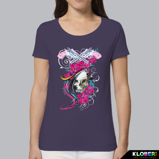 T-shirt da donna indossata | Teschio Color Viola | AryArt