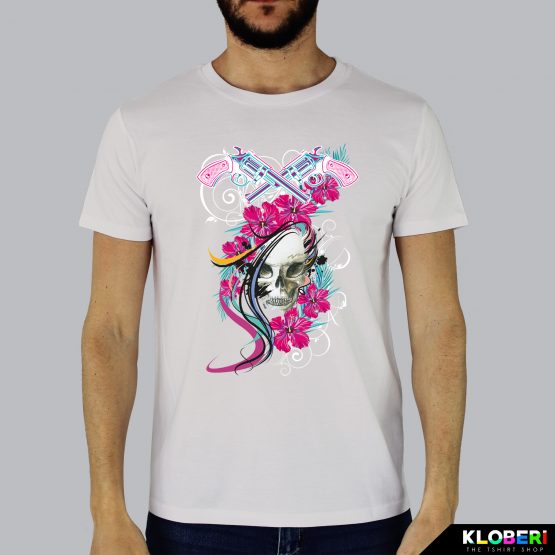 T-shirt da uomo indossata | Teschio Color Vintage White | AryArt